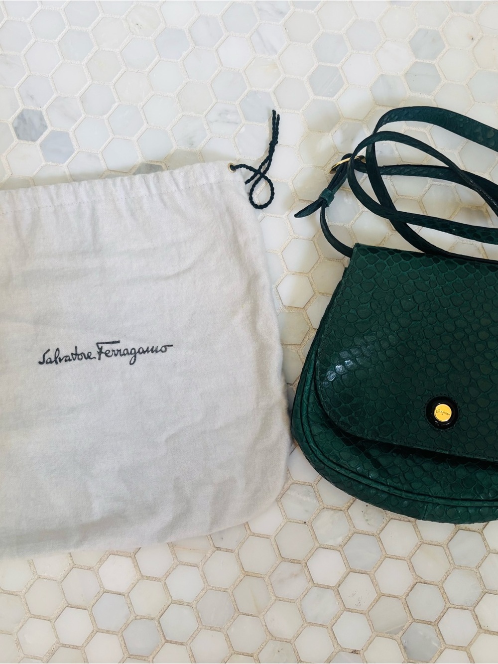 Rare Vintage Salvatore Ferragamo Dark Green Textured Leather Crossbody Bag